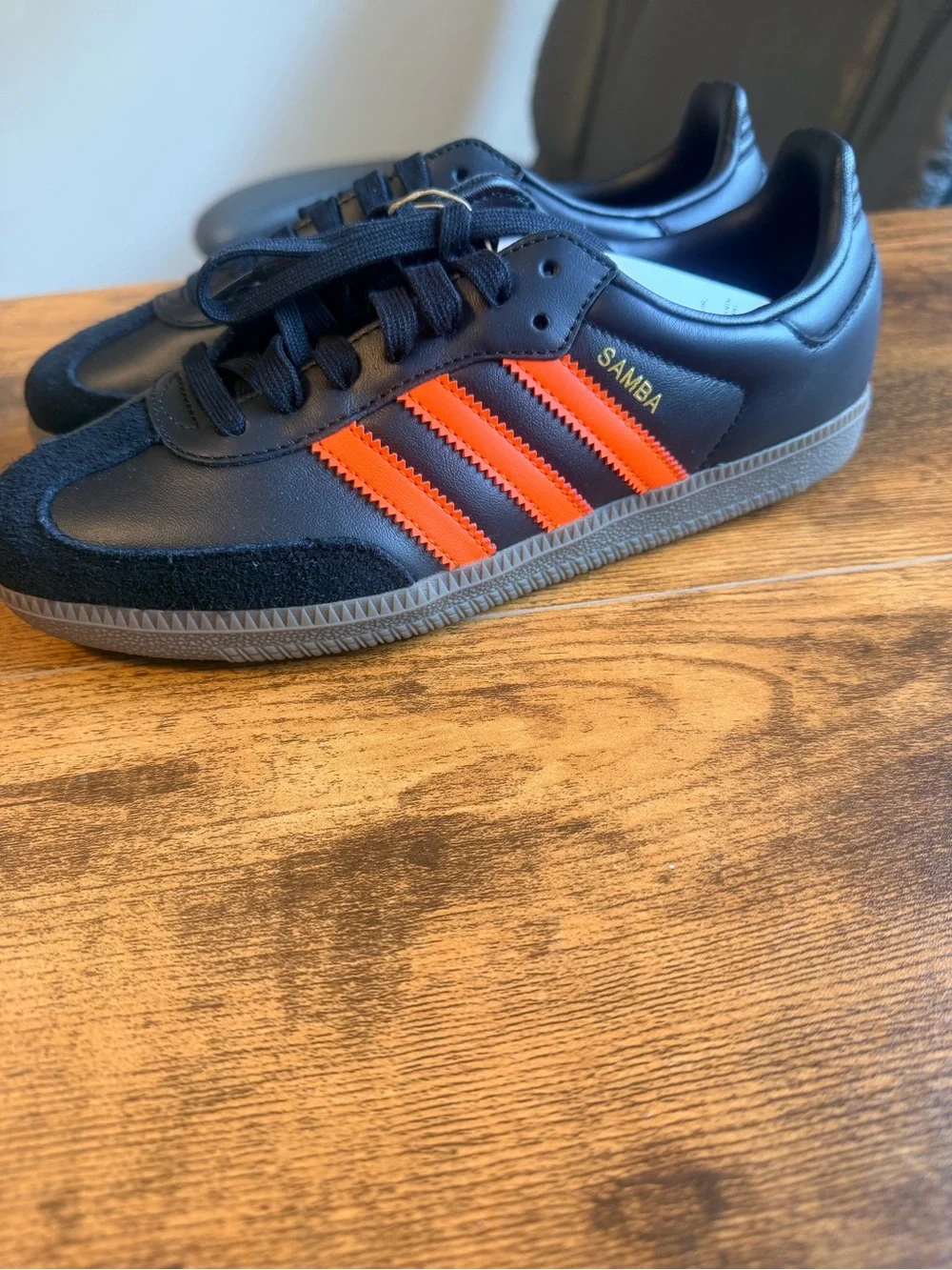 adidas Samba Sneakers in Black with Orange Stripes 5.5Y/6.5W